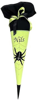 Glückspilz I Schultüte mit Namen personalisiert I Spinne Spider I Zuckertüte aus Stoff I mit Rohling und Kissen I Grün Schwarz