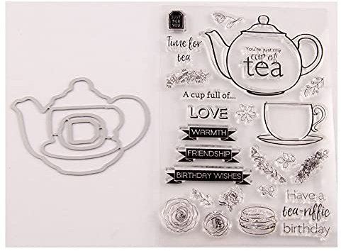 GIVBRO Clear Stamp Seal Stickers Cutting Dies Embossing Templates with Teapot Teacup Flower Pattern DIY Craft Mould for Scrapbooking Decoration