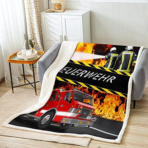 Loussiesd Feuerwehr Thema Kuscheldecke Feuerwehrwagen Decke 150x200cm für Jungen Kinder Jugendliche Zimmer Dekorativ Fahrzeug Auto Wohndecke Coole Feuerwehrm?nner Flanell Fleecedecke