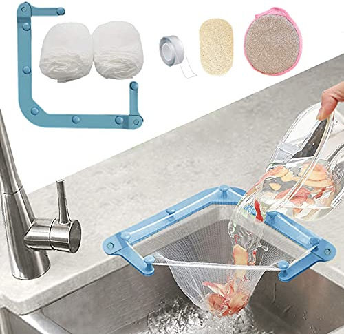 Kitchen Sink Triangle Tri-Holder Filter, Kitchen Sink Strainer, Sink Drain Strainer, with a Triangular Upgraded Foldable Blue Rack and 100PCS Large Size Filtering Mesh Bags for Kitchen Leftover