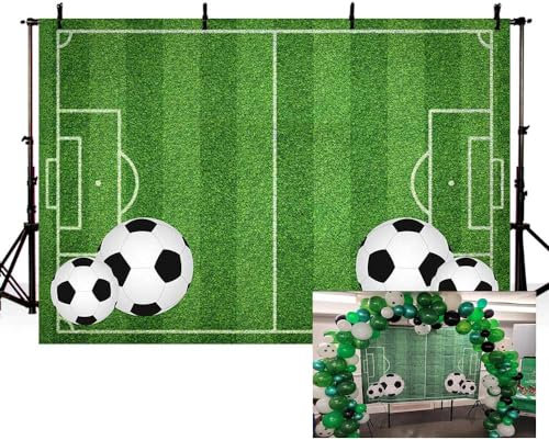 MEHOFOND 2,1 x 1,5 m, Fußball-Thema, Jungen, Geburtstag, Fotografie, Hintergrund, Kinder-Party, Dekoration, Banner mit grünem Fußballfeld, Fotostudio, Hintergrund für Kuchen, als Geschenk