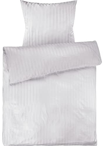 Pure Label Mako Satin Damast Streifen Bettwäsche weiß 135 x 200 cm mit Kissenbezug 80 x 80 cm aus 100% Baumwolle | Traumhaft weiches Mako Satin Bettwäsche Set in Uni
