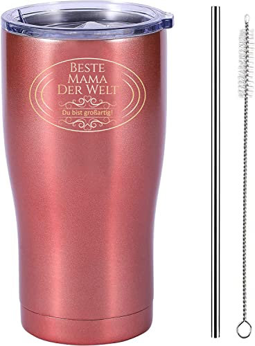 Taza térmica de café para llevar – Mejor mamá del mundo – Taza de viaje regalo para mamá, regalo de cumpleaños para mujeres, esposa – Taza de café con tapa, pajita y cepillo de tubo 500 ml (rosa)