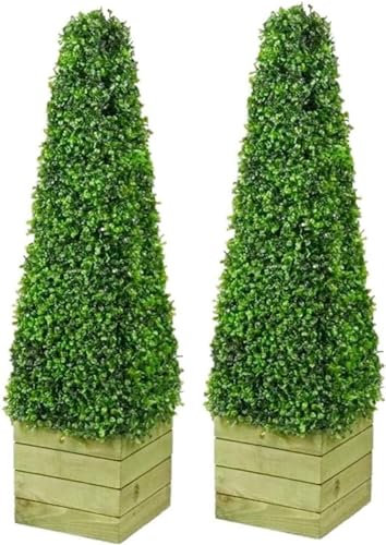 FLORALCRAFT® 85cm (2.8ft) Pyramid Cone Artificial Topiary Tree - Pack of 2, Boxwood Topiary Trees with Wooden Planters, Great for Indoor and Outdoor Decor