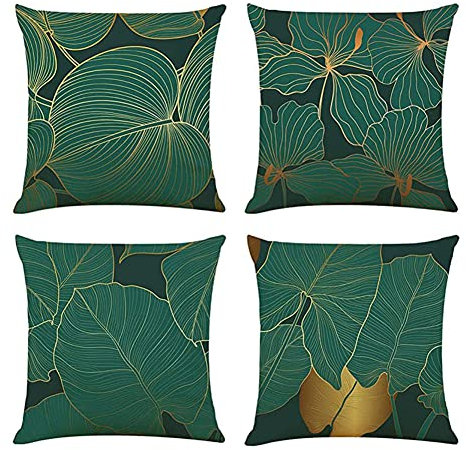 Geliking Sofa Cushion Covers 45cm x 45cm Linen Forest Green Cushion Covers Throw Pillow Case Dark Green and Gold Leaf Cushion Covers Replacement for Home Decor, 18x18 Inches, Set of 4