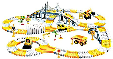 JAWSEU Autorennbahn 222 Stück, Konstruktion Rennstrecken Set Bagger Spielzeug Flexible Train Tracks Race Car Track Spielset, Mini-Baufahrzeugen Kinder Geschenke