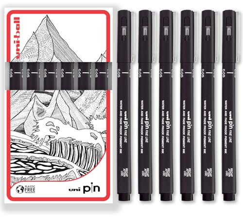 uni-ball PIN Fineliner, schwarze Schreibstifte mit feiner Spitze, wasser- und lichtbeständige Tinte, ideal für Skizzen, Scrapbooking, Konturen, Kunst, technisches Zeichnen, in Geschenkbox (6 Stück,