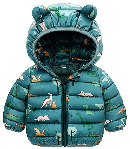 JinBei Veste Hiver pour Bébé Garçon, Blousons à Capuche Enfants Dinosaure Doudoune Léger Manteau, Oreilles 3D Manche Longues Rembourrée Fermeture éclair Vert Veste D'hiver âge 2-3 Ans