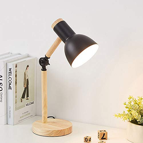Mengjay Nordic Tischlampe Moderne Lesetischlampe Schlafzimmer Nachttischlampe mit Augenschutz Industrielle Schreibtischlampe Verstellbares E27 Holz Nachtlicht für Kinder Arbeitszimmer (Schwarz)