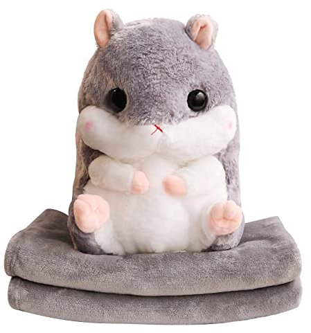 3 in 1 Plüschtier Hamster Kissen mit Fleece Blanket, Warme Handkissen, Plüsch Spielzeug Süßes Geschenk für Kinder und Freundin (grau)