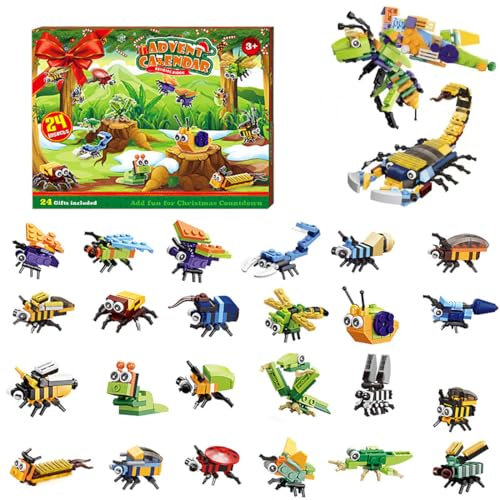 Adventskalender 2024, Weihnachtskalender Kinder, 24 Stück Insekt Klemmbausteine Set Tierblock-Spielzeug, Insekt Modell Bausatz für Kinder, Insekt Modellbausatz Kompatibel mit Großen Marken