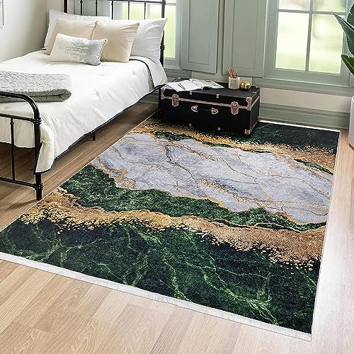 Mazovia Modern Teppich - Kurzflor Waschbar - Weich Teppich für Wohnzimmer, Schlafzimmer, Esszimmer – Teppiche Marmor Abstrakt Muster - Flaschengrün Grün Gold 120 x 170 cm
