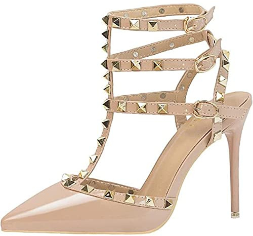 EXECAB Damen-Sandalen mit Absatz, 10 cm/4 Zoll Nieten-Knöchelriemen, hohe Absätze, Stiletto, Nieten, T-Riemen, Spitze, geschlossene Zehe, Slingback-Brautpumps,Braun,38