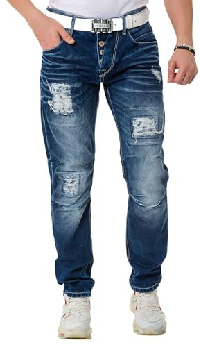 Cipo & Baxx Herren Jeans Hose Regular Fit Destroyed Knopfleiste CD838 Blau W38 L32