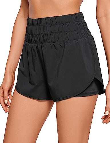 CRZ YOGA Damen 2 in 1 Running Shorts High Waist Schnelltrocknend Atmungsaktiv Sporthose Laufhose Laufshorts mit Tasche Schwarz 38