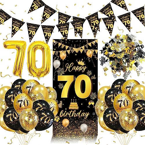 70th Birthday Decorations for Men Women, 70th Birthday Balloons Black Gold with 70 Balloons, Triangle Flag Banner, Banner | 70 Year Old Party Supplies Decor
