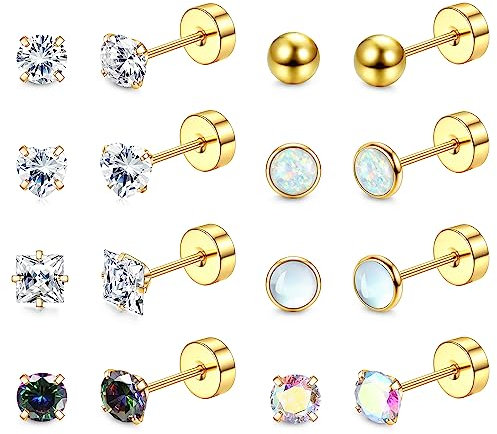 JeryWe 8 Paare Kleine Ohrstecker Set für Damen Mädchen 20G 316L Chirurgenstahl Knorpel Helix Flatback Ohrringe Mondstein Opal CZ Perle Herz Hypoallergenic Kinder Ohr Piercing gold