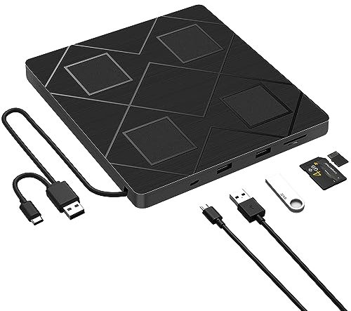 BEVA Lecteur et Graveur CD/DVD Externe, USB 3.0 et Type-C, avec Fente Carte SD/TF et 2 USB, 5 en 1, pour Windows 7/8/10/11/ Vista/XP/Mac OS, Laptop, Desktops, Macbook,PC