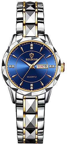 JewelryWe Damenuhr Edelstahl Uhren Damen - Blau Analog Quarz Armbanduhr mit Edelstahl Armband Leuchtend Zeiger Datum Woche Kalender 30m wasserdichte Uhr für Frauen Mädchen