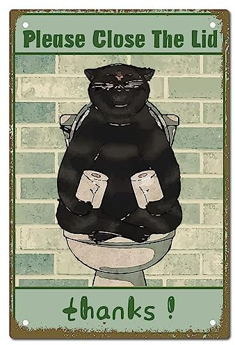 CREATCABIN Schild Mit Schwarzer Katze,Toilettendekoration,Wandkunst,Metallblechschild,Vintage-Retro-Poster,Eisenplaketten,Gemälde Für Toilette,Dekorationen,20x30cm Bitte Schließen Sie Den Deckel