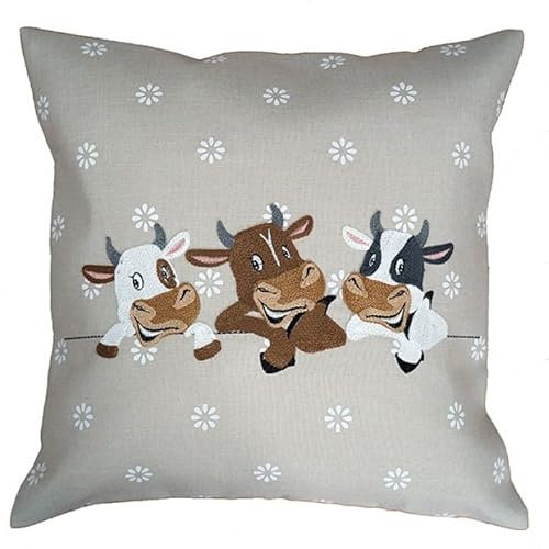 Raebel OHG Kissenhülle 40 cm x 40 cm, Tapestry mit Kuh- und kleinen Blumenmotiven in Beige, Braun und Weiß, Wohnzimmer Deko