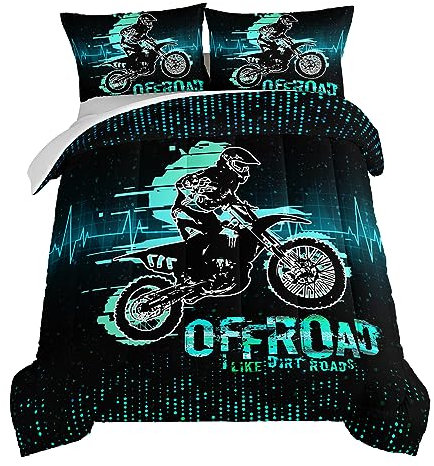 HOSIMA Extreme Sport Thema Tröster Motorrad volle Größe Bett in einer Tasche für Jungen Kinder Teenager, Dirt Bike Tournment Kinder Spielzimmer Dekor, Motocross-Fahrer schwarz Tröster mit 2