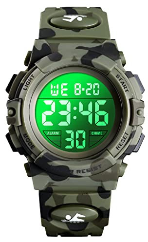Dayllon Digitaluhr Kinder Uhren für Jungen Armbanduhr Kinder Outdoor Sport 50M Wasserdicht Elektronische 12/24 H Wecker Stoppuhr/Kalender/LED-Licht/Datum Junge Mädchen Camo Green XS(3-10 Year Old)