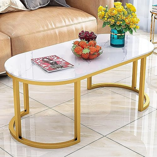 CATANK Table Basse Ovale, Table d'appoint en Verre trempé, Table d'appoint Moderne, Cadre en métal Robuste, Assemblage Facile, pour Salon, Balcon, Bureau (Couleur : Texture Pierre Blanche