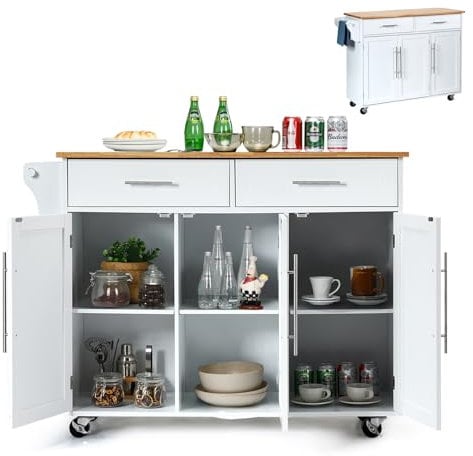 KOMFOTTEU Carrito de Cocina con Ruedas, Carro de Servicio con Encimera de Madera de Caucho, Isla de Cocina con Cajones, Toallero y Estantes Ajustables, Carrito Auxiliar, 122 x 46 x 92 cm (Blanco)