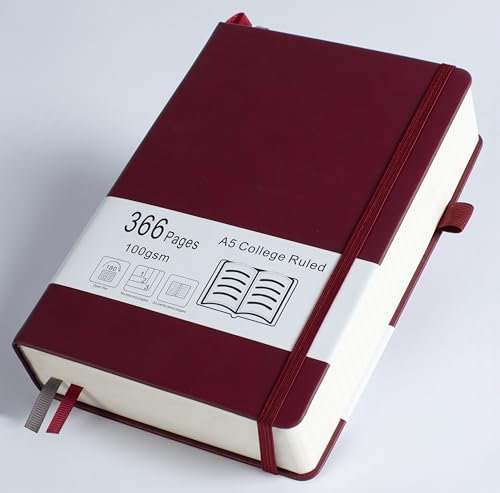 Thick College Ruled Notebook with 366 Numbered Pages, A5 Journal for Writing with 100GSM Lined Paper, Hardcover Leather Notebooks for Women Men School Note Taking Work Diary, 5.7x8.3Bungandy