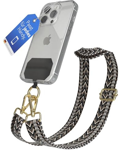 EAZY CASE - Handykette Universal zum Umhängen kompatibel mit jedem Handy Kette mit Hülle kombinierbar Handykordel mit Karabiner für Handyhülle Handyband zum Umhängen Bunt Boho Kordel Schwarz Grau