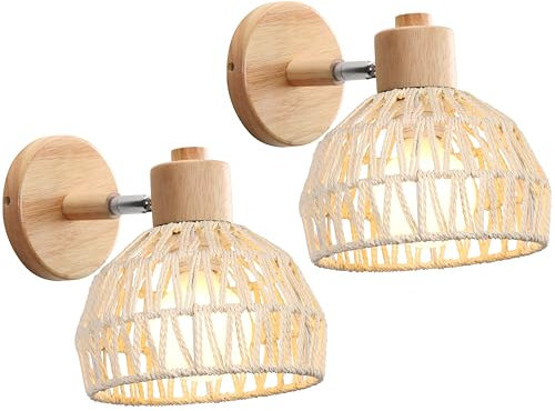 iDEGU 2 Stücke Wandleuchten Innen Retro Wandlampe aus Holz Rattan Halbkreis Lampenschirm Vintage E27 Verstellbare Wandspot Industrie Lampe für Schlafzimmer Wohnzimmer Flur Café (20cm, Weiß Rattan)