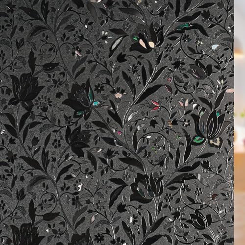 rabbitgoo Fensterfolie Blickdicht Selbsthaftend Sichtschutzfolie Schwarz Verdunklungsfolie Fenster Anti-UV Sonnenschutzfolie für Schlafzimmer Badzimmer Statisch Haftend Blumen Tulpe 75x200cm