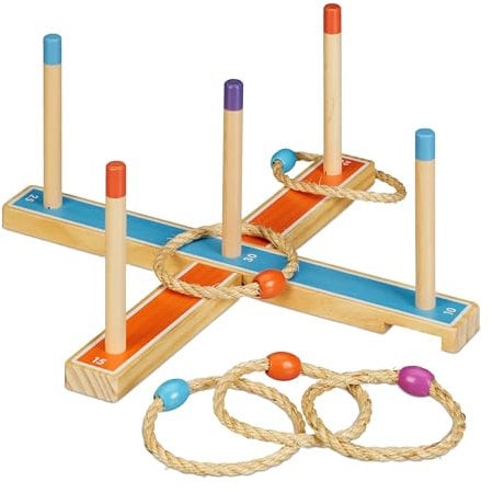 Relaxdays Ringwurfspiel, Holzwurfspiel für Kinder & Erwachsene, mit 5 Ringen, drinnen und draußen, Gartenspiel, bunt, 1 Stück