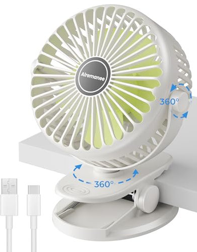 Alremanee Portable Clip On Fan USB Rechargeable, Small Desk Fan Battery Operated, Baby Stroller Fan With 3 Speeds, Quiet Personal Fan For Home Office Outdoors Camping, White