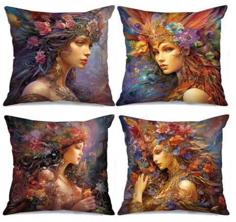 Tucocoo Dekorative Kissenbezüge mit Göttin, 45 x 45 cm, Set mit 4 bunten Blumen, modern, quadratisch, abstraktes Mädchen-Porträt, Überwurfkissen für Sofa, Bett, Auto, Wohnzimmer