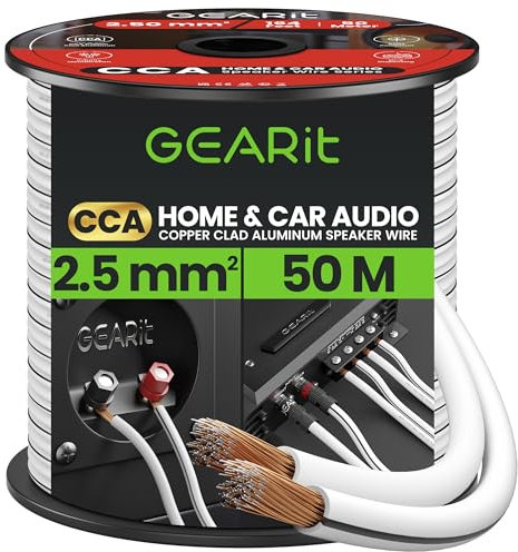 GEARit 14 Gauge 2x2.5mm² Speaker Cable CCA Wire (50m - White) Copper Clad Aluminum - Great for Hi-Fi Home Theater and Car Speakers - 14awg