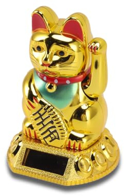 Tiiyee Golden Solar Lucky Cat, Solar Waving Arm Figurine Plastic for Home | Light Sensing No Battery, Compact Cute Decoration Brings Wealth Luck, Good Luck Symbol for Office Desk Window Restaurant Cafe