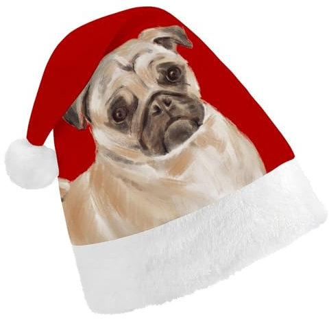 Weihnachtsmannmütze mit Mops-Aufdruck, Weihnachtsmütze für Damen und Herren, Weihnachtsmütze für Erwachsene, Geschenk für Hundeliebhaber, Weihnachtsmütze mit Mops-Mops, Weihnachtsparty-Mütze, Kopfbede