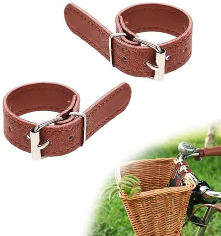 MEKEET Brown Bicycle Wicker Basket Straps, Leather, Adjustable, Stable, 10 kg Load Capacity, Handlebar Mount