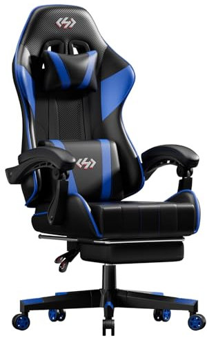 Precision Synergie Gaming Chair Computer Chair with Pocket Spring Cushion Footrest Height Adjustable Gaming Chair for Adults with 360° Swivel Seat Headrest and Lumbar Support for Office (Blue)