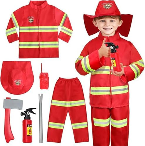 IDOTTA Kids Fireman Costume with Firefighter Outfit for Role Play Halloween Costume Toys Accessories Set