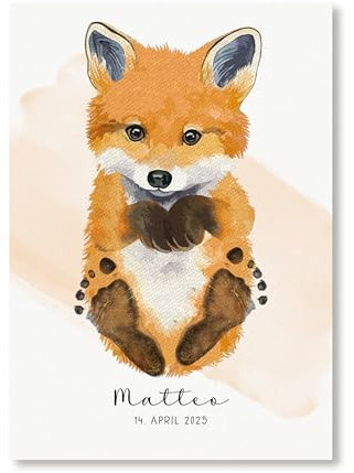 hoermirmalzu mh® | Baby Fußabdruck Bild personalisiert – Tierposter „Fuchs“ mit Name und Geburtsdaten | Poster inklusive Stempelkissen (1x DIN A4)