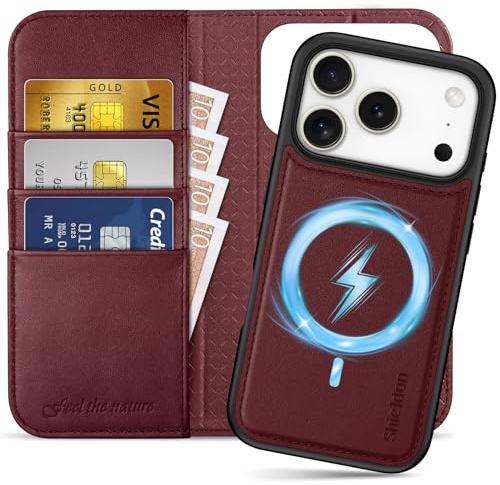 SHIELDON Abnehmbare Lederhülle für iPhone 17 Pro 6,3 5G, Weinrot | 2 IN 1 Klapphülle, Echtleder, Kabelloses Laden, RFID Blocker, Ständer, Handy-Ösen, Magnet Case, Stoßfeste Handyhülle