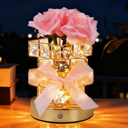 mumisuto Rose Crystal Night Light, Rechargeable Wireless Table Lamp, 3 Colours Small Night Light Gift for Christmas, Valentine's Day, Mother's Day