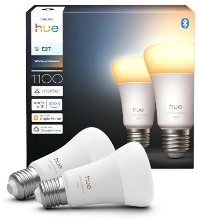 Philips Hue Lampada Smart LED A60, white amb., E27 Base, 8,1 W, spettro compl. 1.000 K-20.000 K, 1.100 lumen, int. regolabile, compatibile Alexa, Google Assistant e Apple Home, conf. da 2