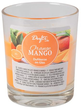 LED Universum - Duftkerze im Glas Orange Mango | Höhe 8,6 cm, Ø 7 cm | Brenndauer ca. 21 Std. | Tischdekoration für Hochzeit, Weihnachten, Feste, Partys