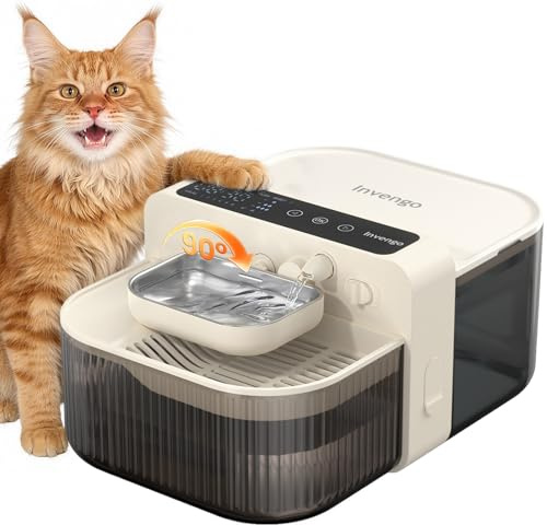 Invengo Fontaine a Eau Chat sans Filtre et sans Fil sur Batterie 3000mAh 180 Jours, Séparation de l'eau Propre et de l'eau Usée, Bol en Acier Inoxydable, Distributeur d'eau 3.5L, Blanc Cassé