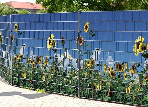 Zaundruck – Sichtschutzstreifen für Doppelstabmattenzaun, Zaunstreifen, Sicht- & Windschutz, wetterfest & UV-beständig, Rolle, PVC frei (Sonnenblumen)