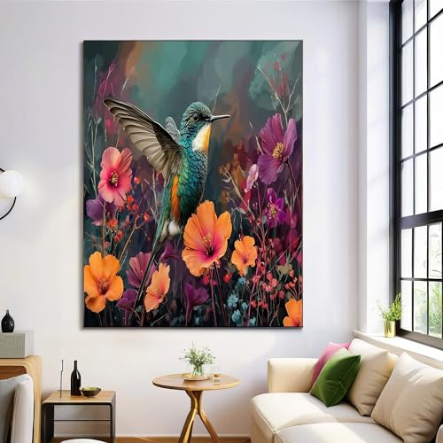 Moderne Bilder Wohnzimmer Poster 70x100cm Hochformat, Vintage Aquarell Kolibri Blumen Bunt Leinwand Bilder Deko, Wandbilder für Wohnzimmer Schlafzimmer Ohne Rahmen